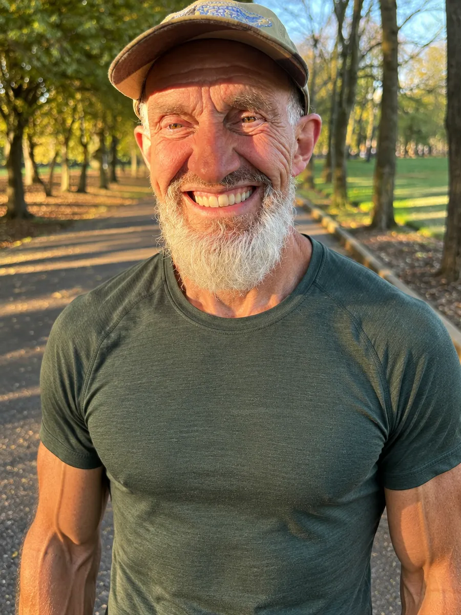 Gus, a white-bearded runner in his sixties, smiling in running gear